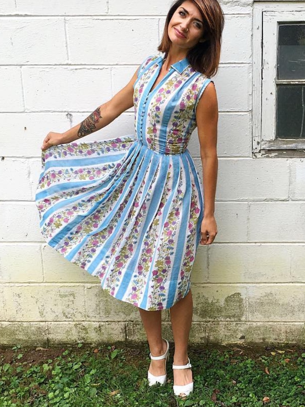 Vintage Blue and Cream Floral-Stripe Dress